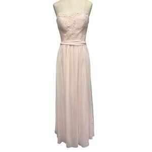 Bill Levkoff Bridesmaid Dress Blush Strapless Lace Chiffon Maxi Formal Gown Size